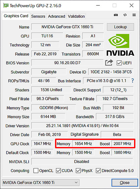 GIGABYTE GTX 1660 Ti GAMING OC Review Overclocking